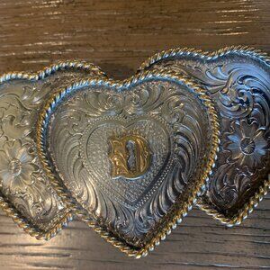 Montana Silversmiths Sterling Silver Plate Triple Heart Belt Buckle - letter D